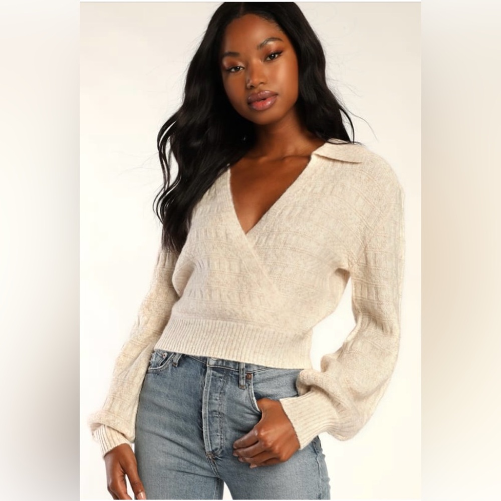 Lulus : Cute Energy Heather Beige Collared Surplice Sweater Top - sz M